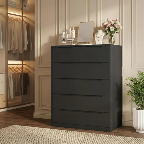 Vista 7 de Romorgniz - Cómoda negra para dormitorio con 6 cajones de madera, sin mango, 43.2 pulgadas de alto Modern Solid Chests of Drawer for Living Room