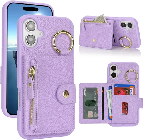 Vista 21 de Funda para iPhone 14 Plus con tarjetero, color negro Funda con cremallera y ranura para mujer y hombre