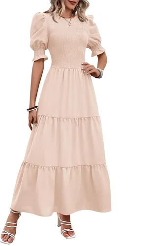 Vista 32 de BTFBM Vestidos para mujer, cuello redondo, casual, de verano, con volantes, manga corta, bohemio, con niveles, fruncido, largo, con estampado floral