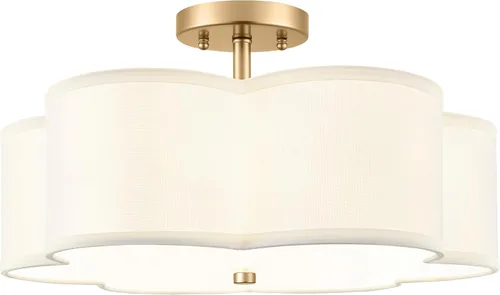 Vista 36 de Lámpara de Techo Semiempotrada Dorada, 3 Luces Accesorios de Iluminación de Techo de 12.5" con Pantalla de Tela en Forma de Flor, Luces de Tambor