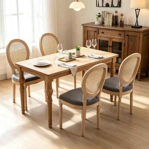 Vista 19 de French Country Set of 2 Dining Chairs, Linen Farmhouse Wood Chairs Beige