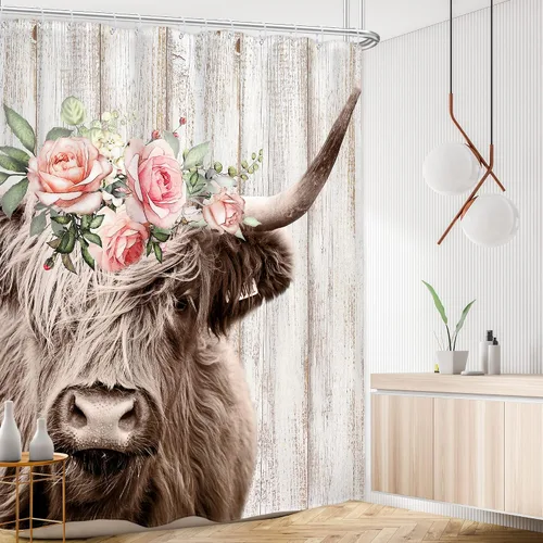Vista 2 de Highland Cow Farmhouse - Cortina de ducha rústica con diseño de toro, 60 pulgadas de ancho x 72 pulgadas de largo Country Western - Juego