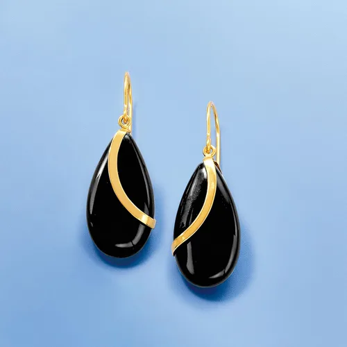 Vista 4 de Ross-Simons Aretes colgantes de ónix negro en forma de pera en oro amarillo de 14 quilates