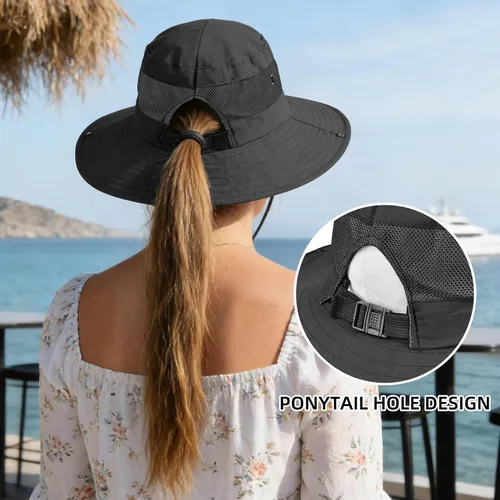 Vista 58 de Rosoz Sombreros de cola de caballo para mujer, protección UV, ala ancha 1 paquete-negro