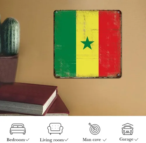 Vista 7 de Letrero de metal con bandera internacional del país, bandera de Senegal, regalo de bandera de Senegal, letreros de aluminio desgastados, decoración