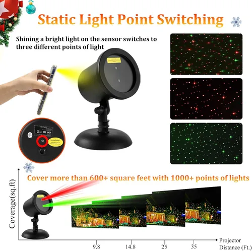 Vista 5 de Proyector de luces láser navideñas al aire libre, luces láser de estrellas estáticas rojas y verdes, luces láser para decoración navideña, proyector
