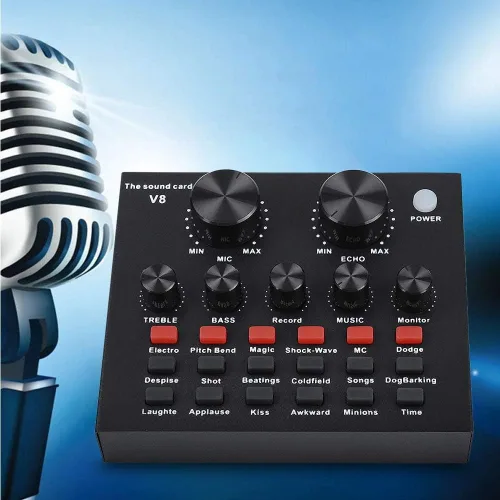 Vista 6 de V8 - Tarjeta de sonido en vivo, mezclador de audio USB Tarjeta de sonido externa para micrófono, tarjeta de sonido KTV en vivo, tarjeta de sonido