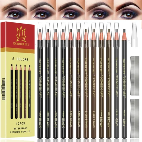 Vista 10 de Kit de maquillaje para tatuar cejas y suministros de microblading con lápices de cejas resistentes al agua - Permanentes, en 5 colores, lápices