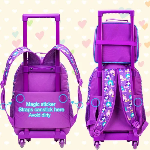 Vista 5 de 3 mochilas con ruedas para niñas, mochila escolar con ruedas y bolsa de almuerzo, sirena
