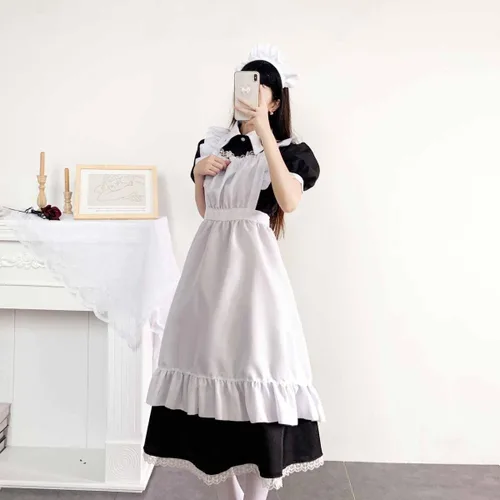 Vista 4 de Vestidos de sirvienta francesa para mujer, talla grande, anime, cosplay, fiesta, uniforme de juego de rol, trajes de lolita, delantal, vestido