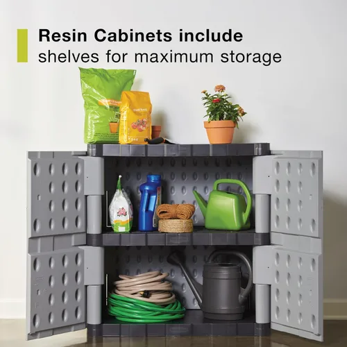 Vista 4 de Rubbermaid Freestanding Storage Cabinet with Doors 18"D x 36"W x 37"H Medium Gray/Black Two-Shelf Lockable Cabinet for Indoor/Outdoor/Garage Storage