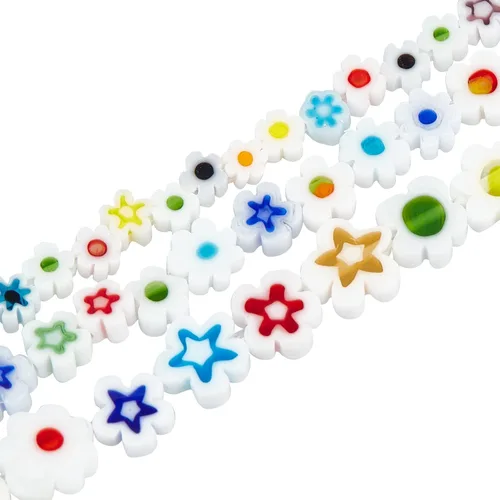 Vista 6 de OLYCRAFT Alrededor de 208 ~ 222 cuentas de vidrio Millefiori Lampwork hechas a mano, 3 estilos, cuentas de flores de vidrio blanco, cuentas