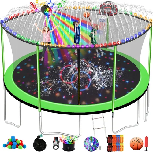 Vista 16 de Trampolín de 1500 libras, 10 pies, 12 pies, 14 pies, 15 pies, 16 pies, con luces LED, rociador, altavoz de música y calcetines, trampolín