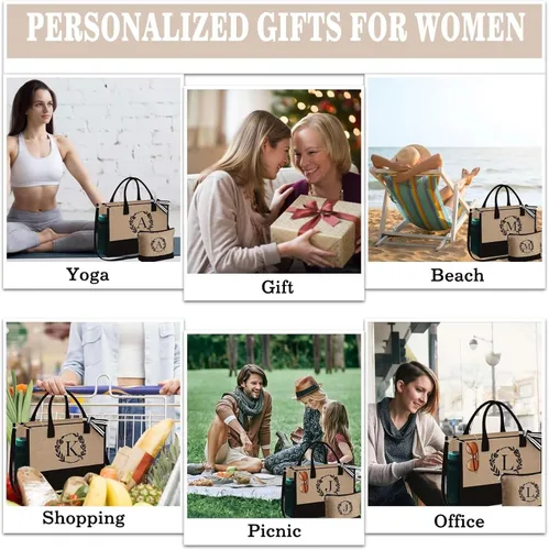 Vista 8 de YOOLIFE Regalos personalizados para mujeres, bolsa de yute con inicial y bolsa de maquillaje, regalos de cumpleaños para mujeres, mamá, esposa