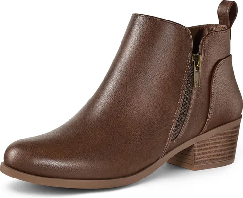 Vista 10 de Mysoft - Botines de tobillo para mujer con tacón bajo grueso y puntera redonda, estilo casual, cómodos, cortos con cremallera lateral PU Coñac