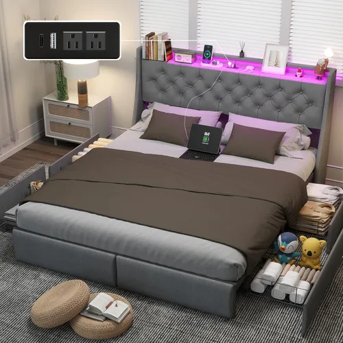 Vista 14 de UINTAI Marco de cama tamaño completo con cabecero y 4 cajones de almacenamiento, cama de plataforma metálica tapizada con respaldo abatido y luces