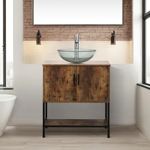 Vista 28 de UEV Juego de tocador de baño antiguo de 24 pulgadas, color marrón oscuro con lavabo, armario de baño de madera de hierro con grifo de temperatura