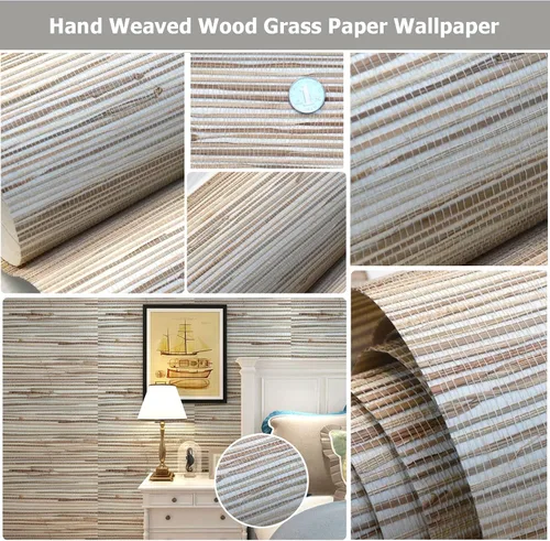 Vista 2 de Papel tapiz de madera tejida a mano, papel tapiz de tela de hierba texturizada, rollo de papel tapiz de tela de césped natural, papel tapiz de fibra