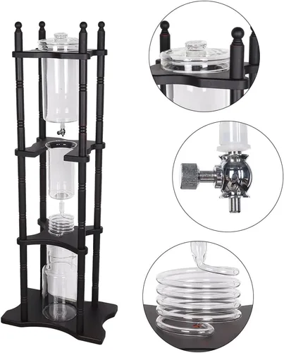Vista 5 de Cafetera de goteo de hielo, 84.54 onzas, cafetera retro para el hogar, con recipiente de vidrio vertical japonés y soporte de madera, cafetera