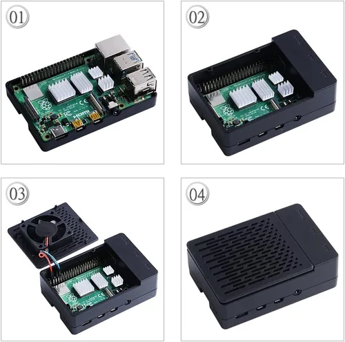 Vista 3 de GeeekPi Funda con ventilador PWM para Raspberry Pi 4, 18W 5V 3.6A USB-C fuente de alimentación para Raspberry Pi 4, disipadores de calor, lector
