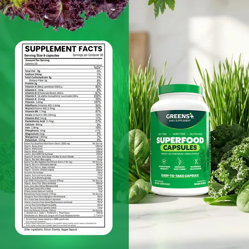 Vista 5 de Greens+ Superfood Organic Super Greens Cápsulas vegetales con clorela orgánica, espirulina, alfalfa y pasto de trigo, suplemento mezclado