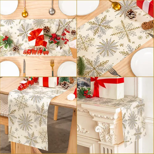 Vista 5 de AnyDesign Camino de mesa navideño de invierno, mantel de copo de nieve dorado y plateado, 13 x 72 pulgadas