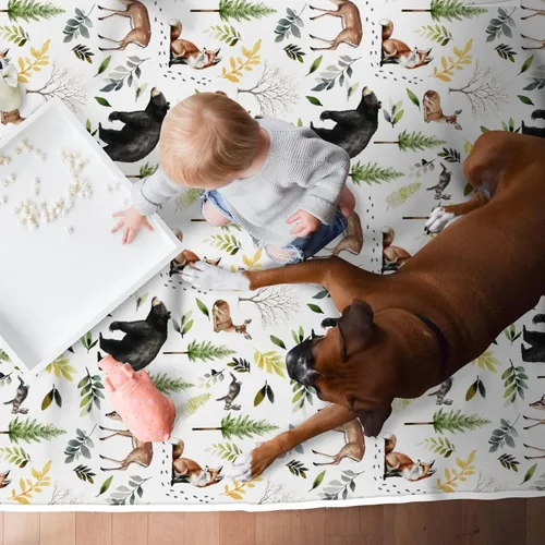 Vista 6 de Alfombra antideslizante para sala de juegos de animales del bosque, oso ciervo, zorro, conejo, pino, tapete de juego antideslizante para guardería
