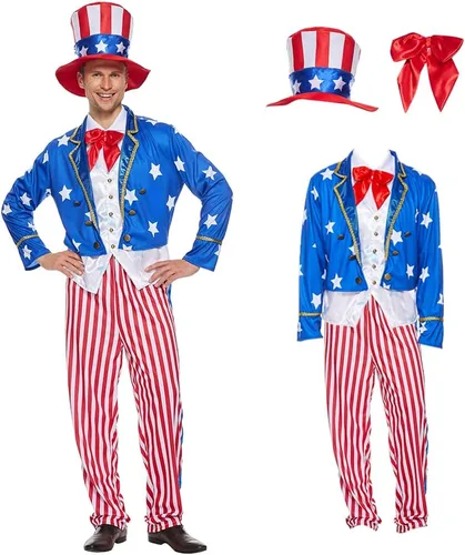 Vista 3 de ReneeCho Conjunto de disfraz de tío Sam para hombre, traje para adultos, 4 de julio, Día de la Independencia americana, vestido de fiesta patriótica