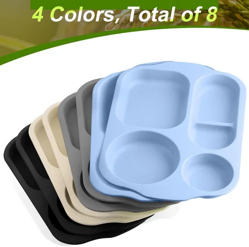 Vista 3 de Vesici 8 piezas de platos grandes de 12 pulgadas irrompibles divididos para niños y adultos - Bandeja de paja de trigo - Aptos para microondas