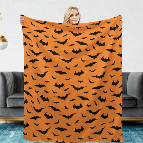 Vista 2 de Manta de franela de murciélagos de Halloween, cálida y acogedora, manta de franela suave para el otoño, para sofá, cama, sofá, Halloween, gótico