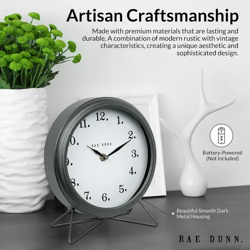 Vista 5 de Rae Dunn Reloj de escritorio, funciona con pilas, diseño rústico moderno, mango superior para dormitorio, oficina, cocina, pequeña pantalla