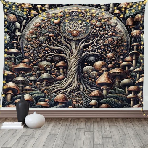 Vista 183 de Ambesonne Tapiz hippie, abrazo de hongos de ensueño y árbol de la vida místico y mandal verde, decoración de tela para colgar en la pared