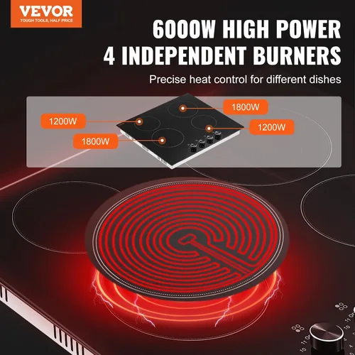 Vista 7 de VEVOR Placa de cocina eléctrica de cerámica, estufa eléctrica empotrada, con panel de vidrio, control de perilla, 11 niveles de calor, para diversos