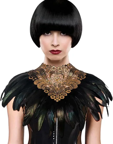 Vista 3 de L'VOW Real Negro Pluma Arnés Collar Collar Collar Babero Halloween