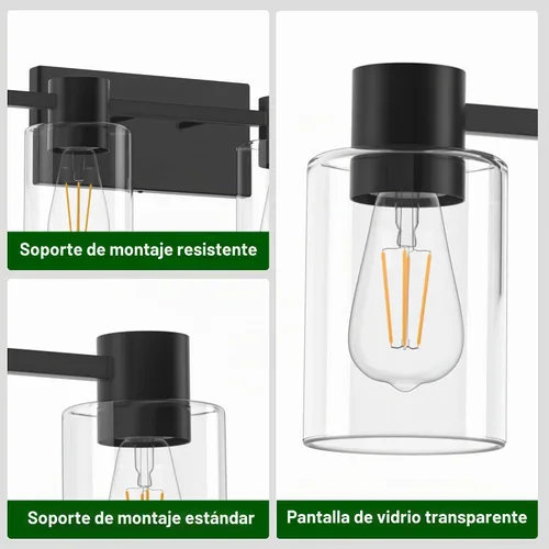 Vista 2 de Lámparas de tocador modernas de 4 luces sobre el espejo, lámparas de baño negro mate, luces de tocador, aplique de pared con pantalla de vidrio