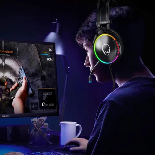 Vista 6 de ETWAR Auriculares USB para juegos para PC, 7.1 con micrófono con cancelación de ruido, con luces RGB para portátiles con micrófono