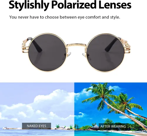 Vista 5 de Technigadgets Declan Round Steampunk Sunglasses Retro Circle Metal Frame Gothic Hippie Shades Polarized UV400 For Men Women