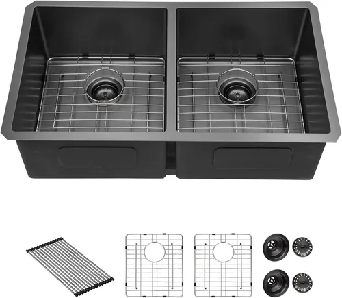 Vista 14 de Sarlai Fregadero de Cocina Dorado Bajo Encimera de 33 Pulgadas Doble Tazón 33 x 19 Pulgadas Bajo Dividido Dorado Estación de Trabajo Fregadero Doble