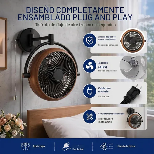 Vista 6 de Wall Mount Fan with Folding Arm 10 Inch Small RV Wall Fan Quiet Oscillating Nogal