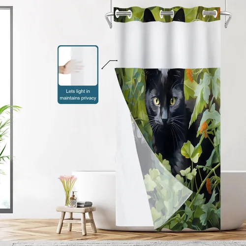 Vista 2 de Shrahala Black Cat Green Foliage Shower Curtain with Snap in Liner Set, Cat Surrounded By Leaves No Hooks Stall Curtain Waterproof for Bathtubs