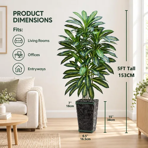 Vista 2 de Árbol de Dracaena artificial, plantas artificiales de 5 pies, maceta Verde-negro Pot