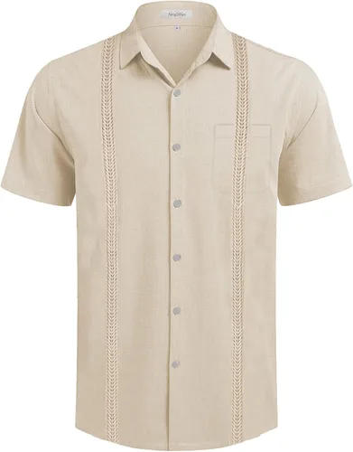 Vista 3 de NmglhNm Mens Casual Linen Cotton Short Sleeve Button Down Guayabera Shirts Hawaiian Beach Shirts with Pocket
