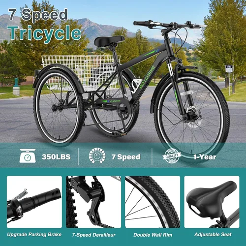Vista 2 de MOPHOTO Triciclo de montaña para adultos, bicicleta de montaña de 7 velocidades y 3 ruedas para adultos, triciclo Cruiser de 24/26/27.5 pulgadas