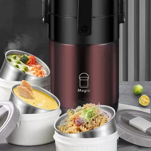 Vista 6 de Lonchera apilable de acero inoxidable de 3 niveles, botella aislada al vacío de acero inoxidable a prueba de fugas, adecuada para llevar alimentos a