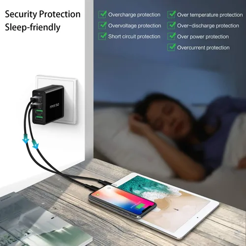 Vista 5 de Cargador de pared 3.0 de carga rápida, bloque de cargador USB de 4 puertos, adaptador de corriente iSeekerKit Multi USB, enchufe de caja de carga