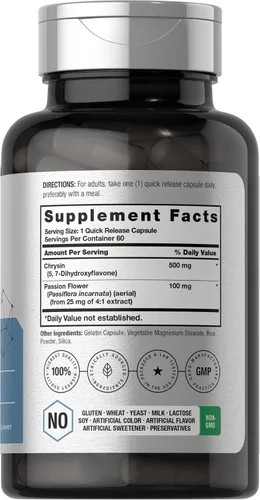 Vista 2 de Horbäach Suplemento de crisina 500 mg 60 cápsulas Extracto de flor de la pasión Suplemento sin OMG, sin gluten
