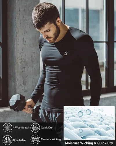 Vista 5 de Camisa de compresión para hombre, manga larga, camiseta deportiva atlética, capa base, camiseta interior para clima frío para correr, entrenamiento