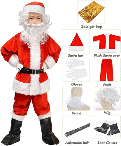 Vista 2 de Traje de Papá Noel para niños 8 piezas terciopelo para niños disfraz de Navidad para Halloween Navidad cosplay fiesta de disfraces