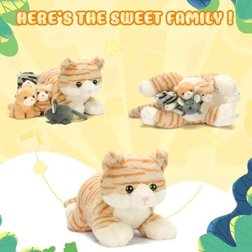 Vista 2 de IKASA Mamá gato atigrado naranja peluche mamá y gatitos bebé juguete de peluche lindo 16.5 pulgadas suave mamá pequeña juguete familiar con pequeños