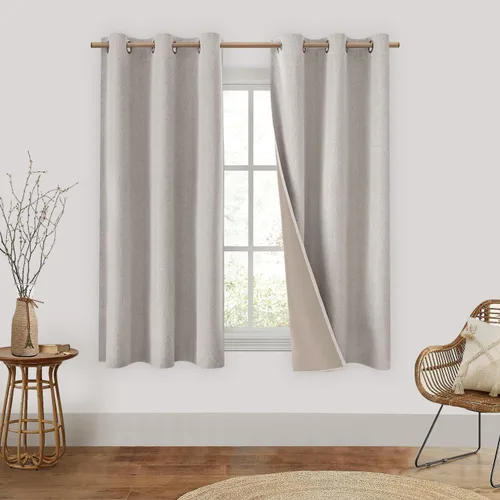 Vista 17 de HOMEIDEAS Cortinas 100% opacas beige de 63 pulgadas de largo, mezcla de lino con textura de oscurecimiento, cortinas con aislamiento térmico